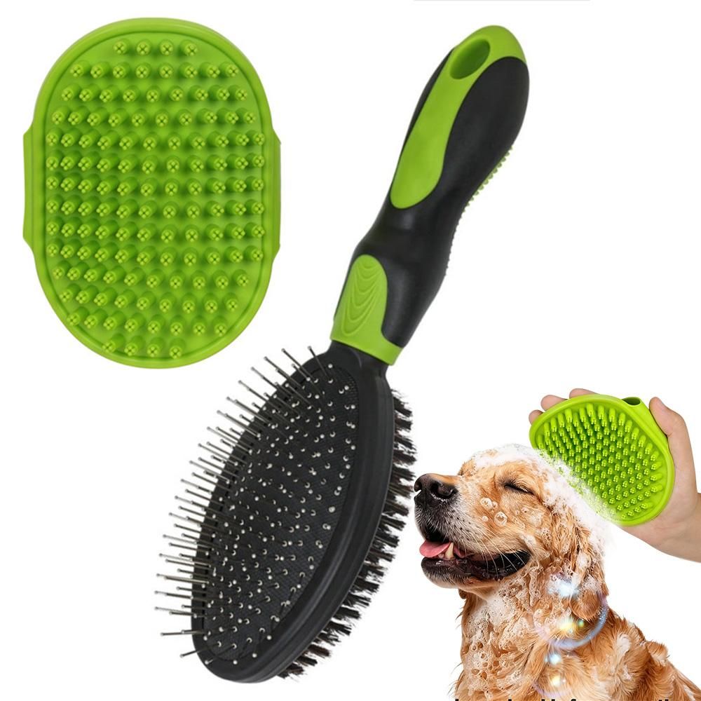 2 Pack Pet Grooming Brush Set Deshedding Double Sided Comb Massage Brush-Green V1263-JX-7504-1