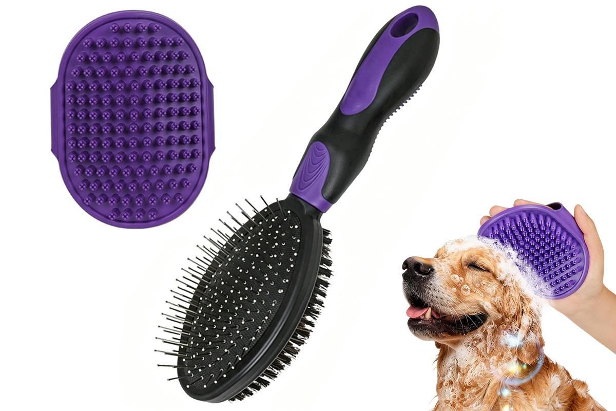 2 Pack Pet Grooming Brush Set Deshedding Double Sided Comb Massage Brush-Purple V1263-JX-7504-2