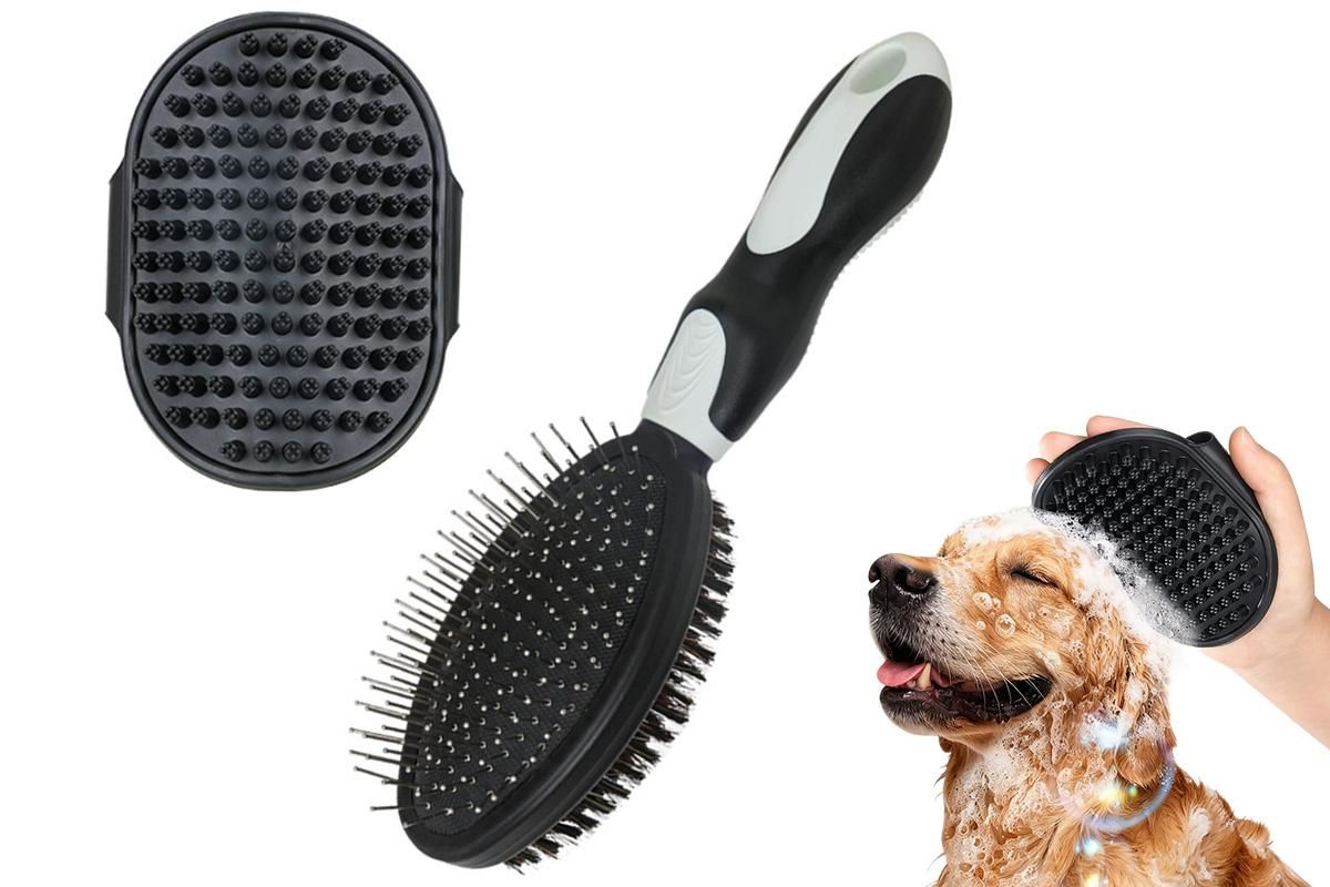 2 Pack Pet Grooming Brush Set Deshedding Double Sided Comb Massage Brush-Black V1263-JX-7504-3