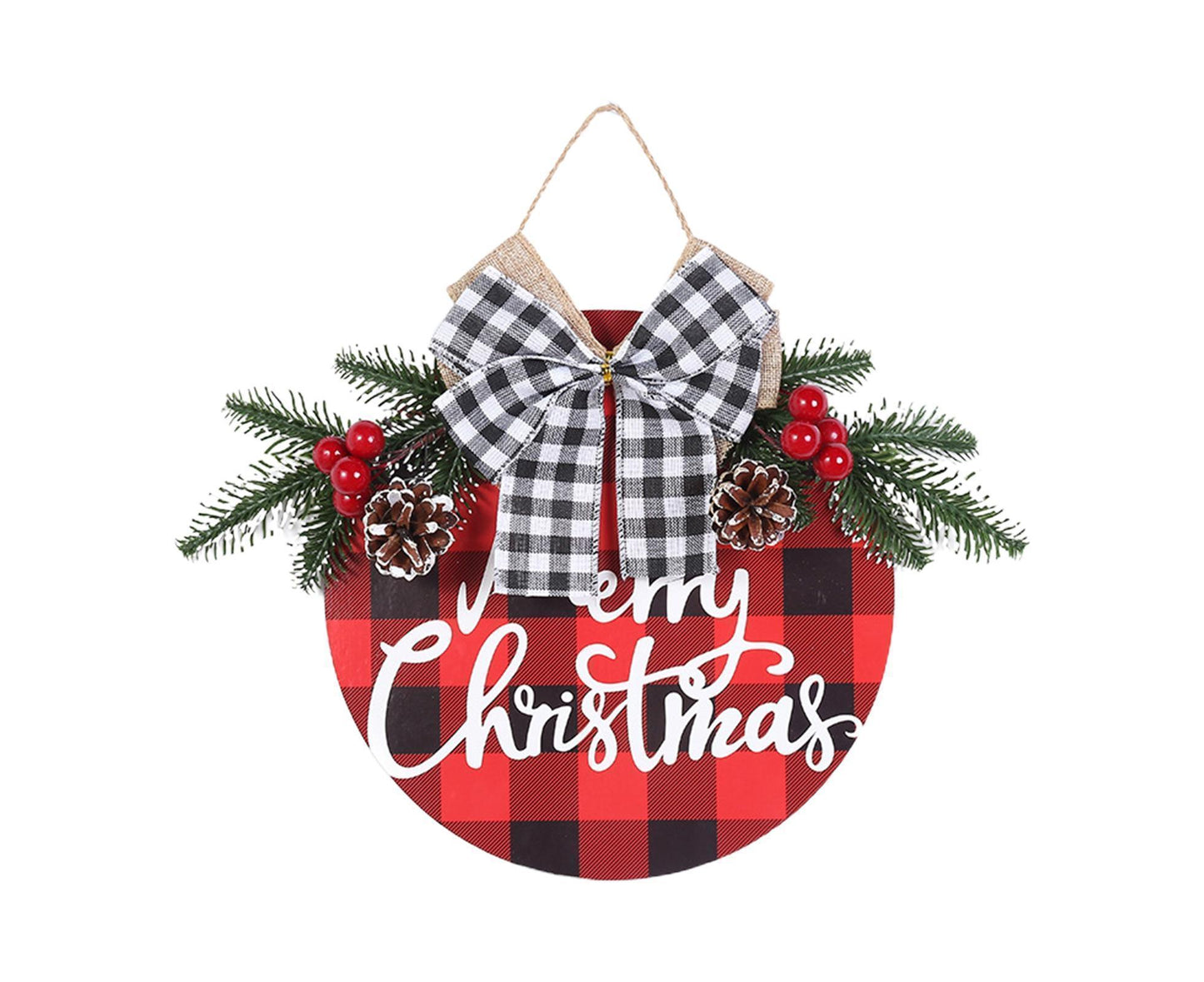 Welcome Sign Bow-knot Plaid Wooden Sign-Red V1263-JX-773