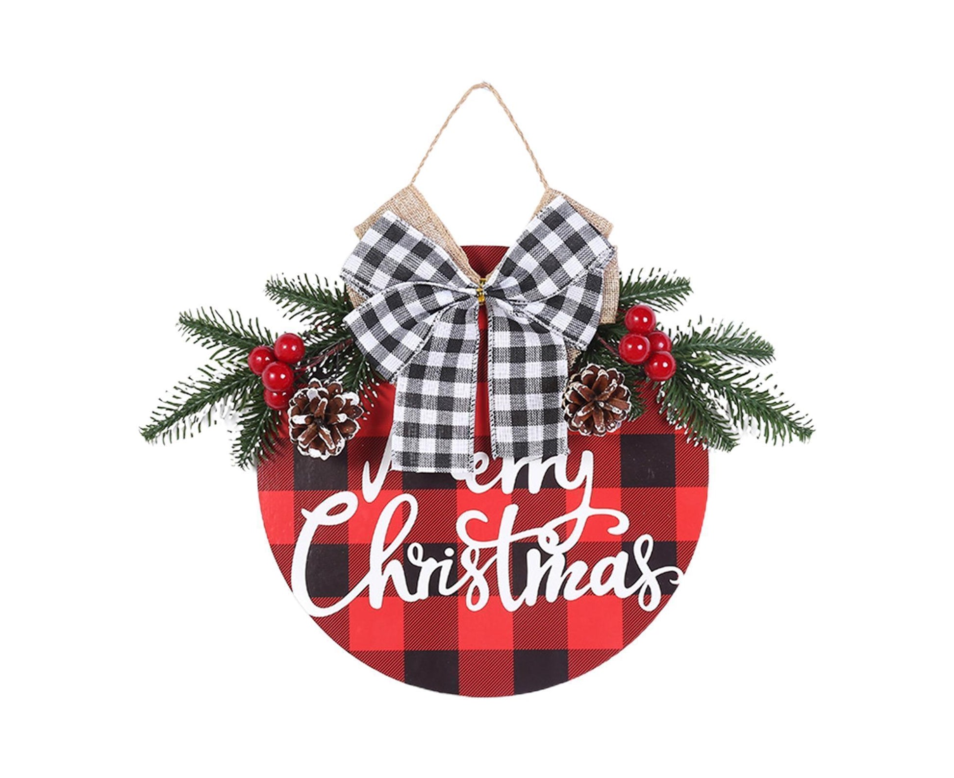 Welcome Sign Bow-knot Plaid Wooden Sign-Red V1263-JX-773