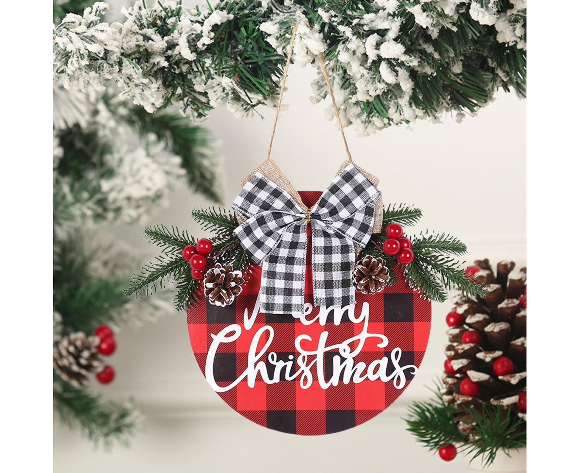 Welcome Sign Bow-knot Plaid Wooden Sign-Red V1263-JX-773