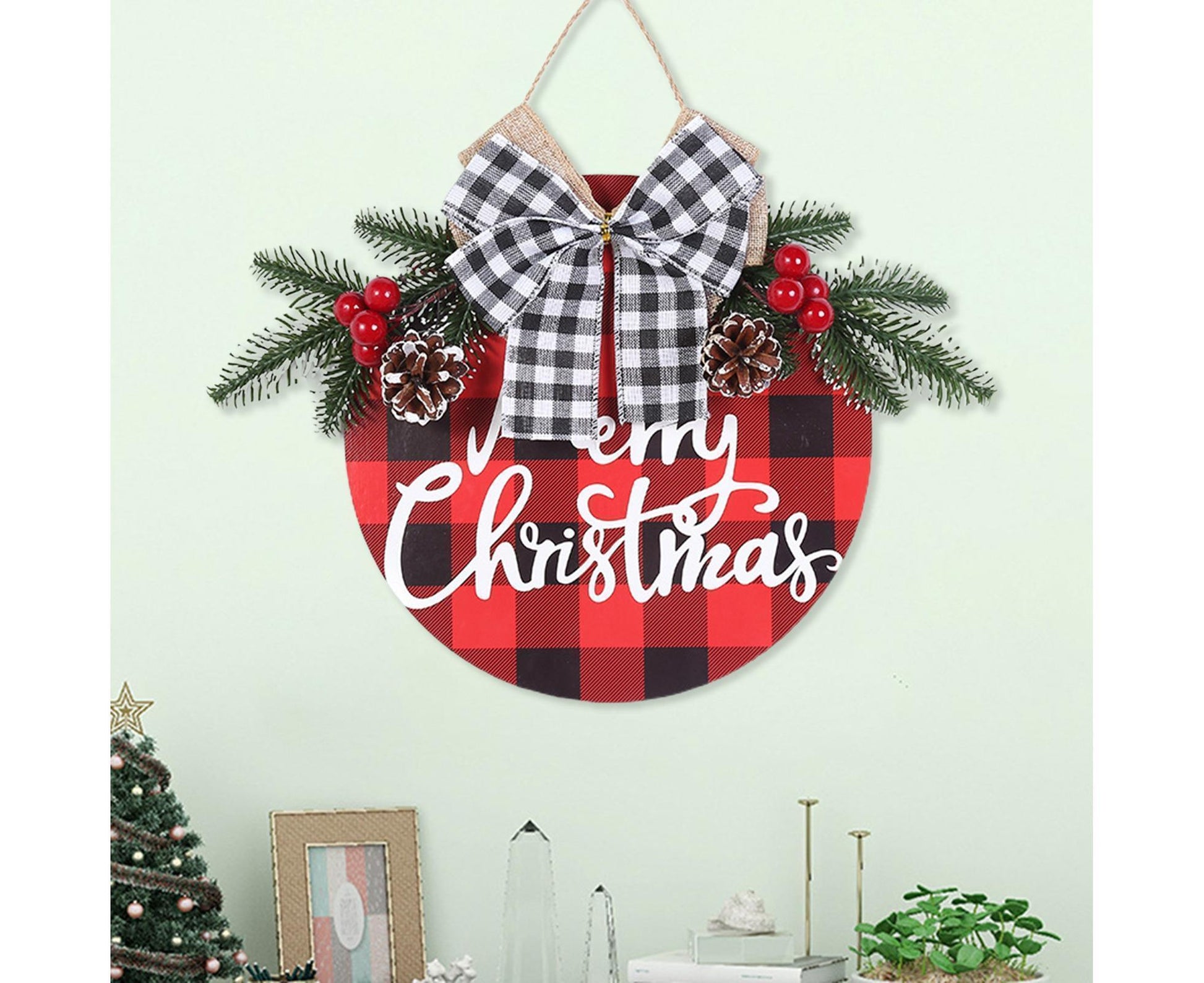 Welcome Sign Bow-knot Plaid Wooden Sign-Red V1263-JX-773