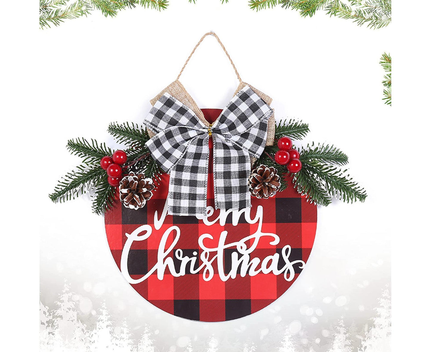 Welcome Sign Bow-knot Plaid Wooden Sign-Red V1263-JX-773