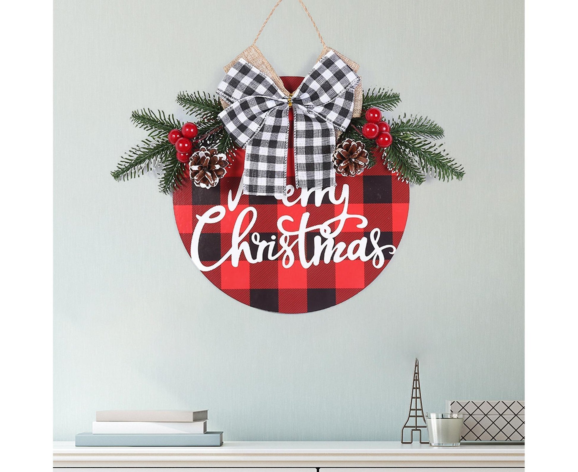 Welcome Sign Bow-knot Plaid Wooden Sign-Red V1263-JX-773