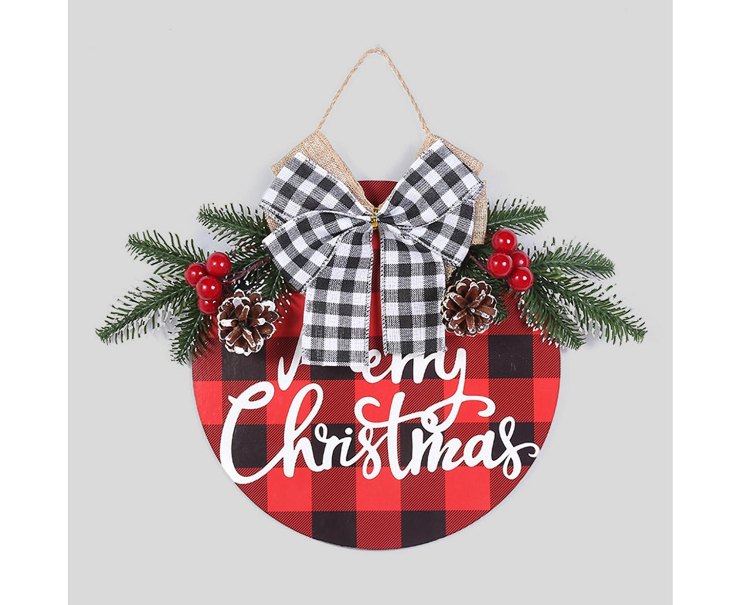 Welcome Sign Bow-knot Plaid Wooden Sign-Red V1263-JX-773
