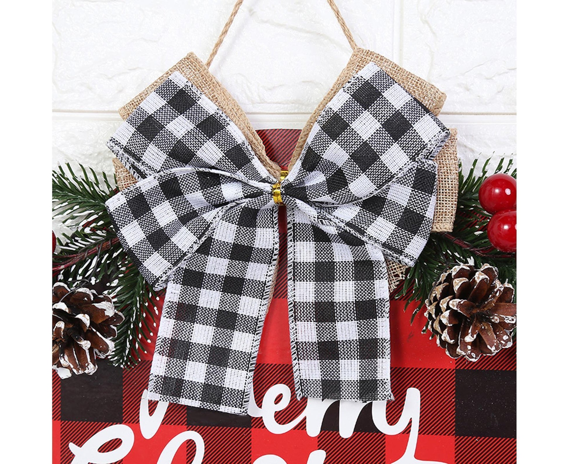 Welcome Sign Bow-knot Plaid Wooden Sign-Red V1263-JX-773