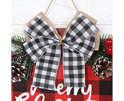 Welcome Sign Bow-knot Plaid Wooden Sign-Red V1263-JX-773