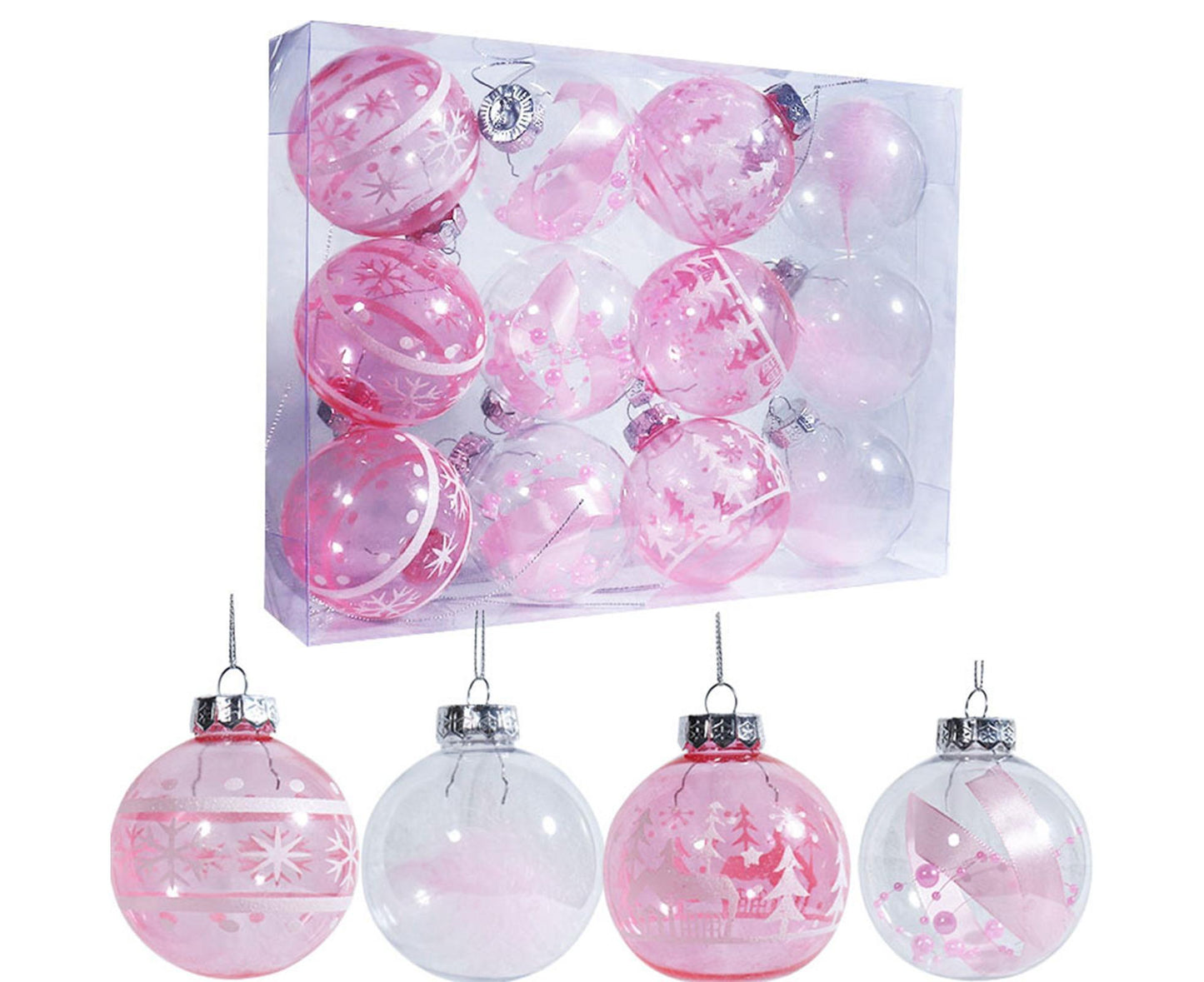 12Pcs Xmas Ball Ornament Round Party-Pink 8cm V1263-JX-774