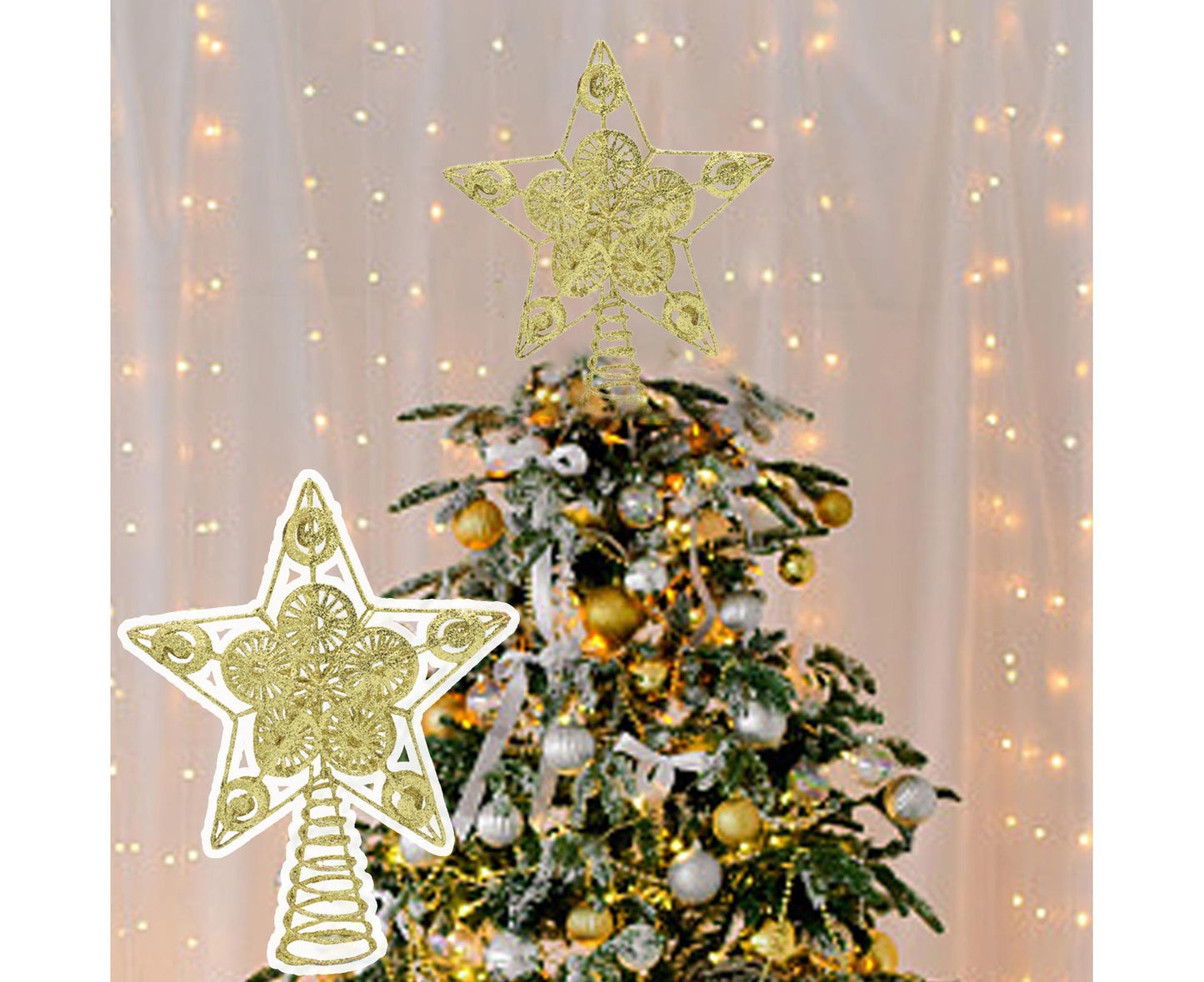 Xmas Glitter Five-pointed Star Tree Topper-Golden V1263-JX-781