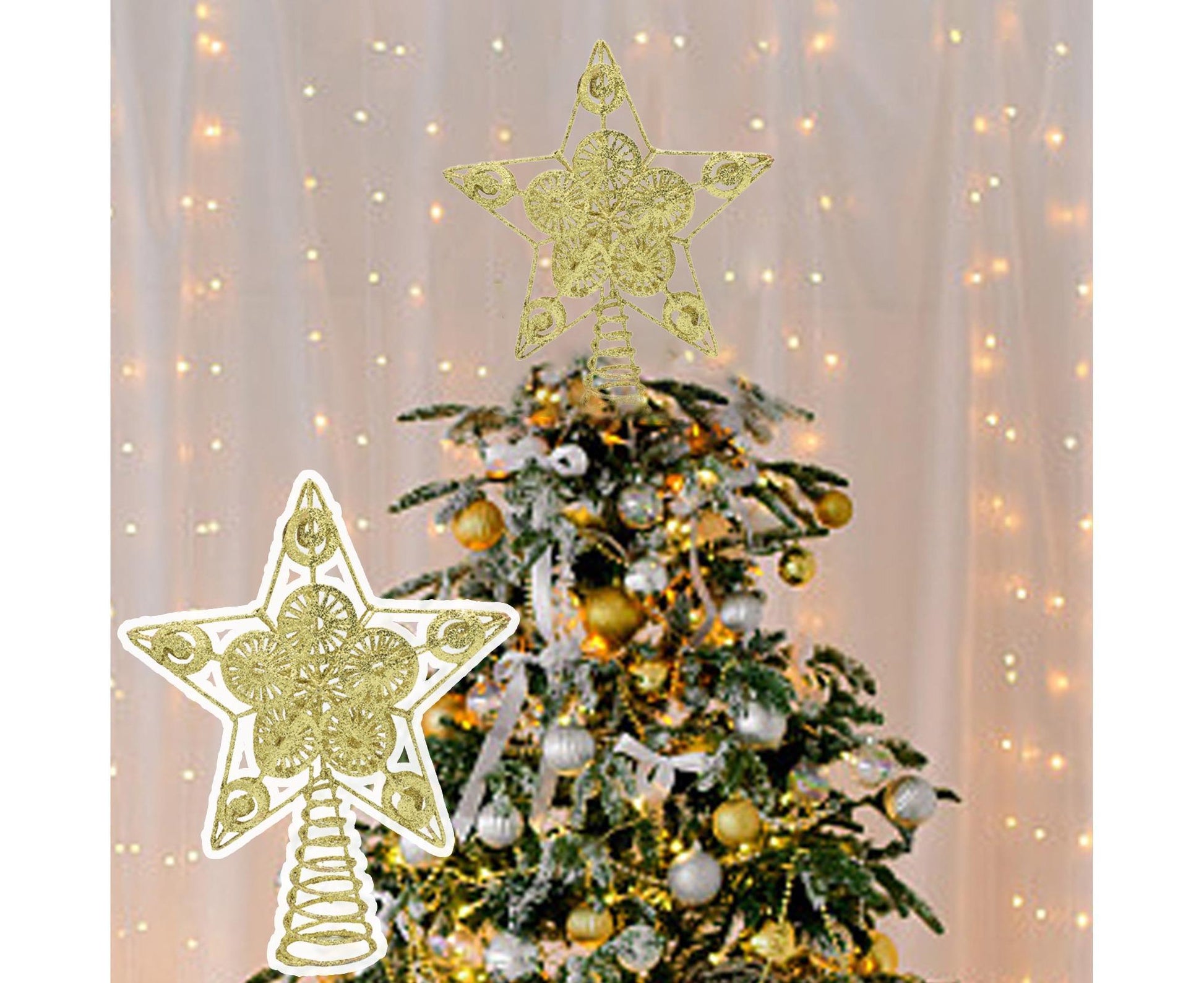 Xmas Glitter Five-pointed Star Tree Topper-Golden V1263-JX-781