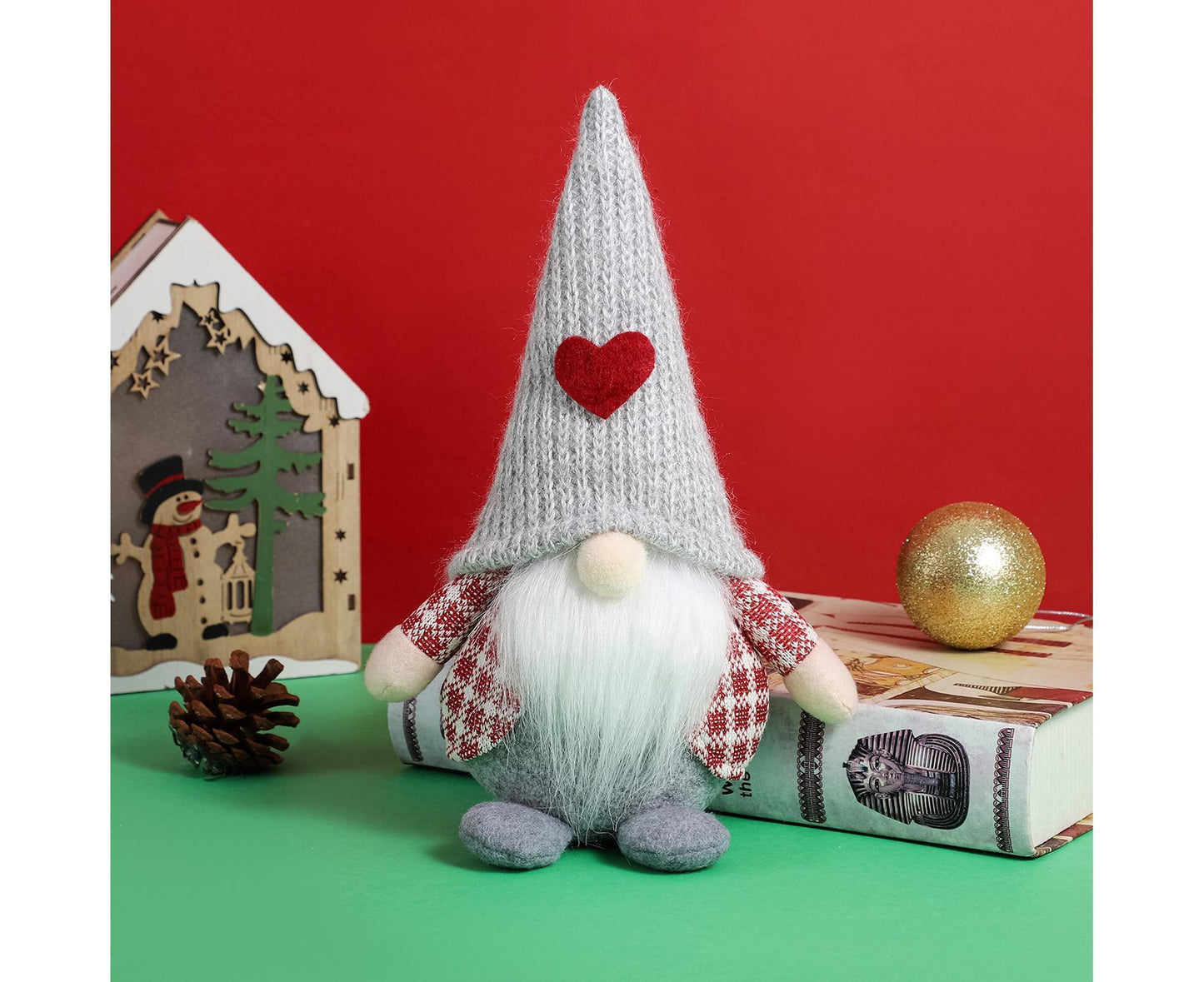 Xmas Faceless Doll Plaid Long Hat-Grey V1263-JX-794