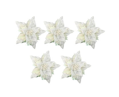 5Pcs Artificial Xmas Flower Leaves-Silver White V1263-JX-802