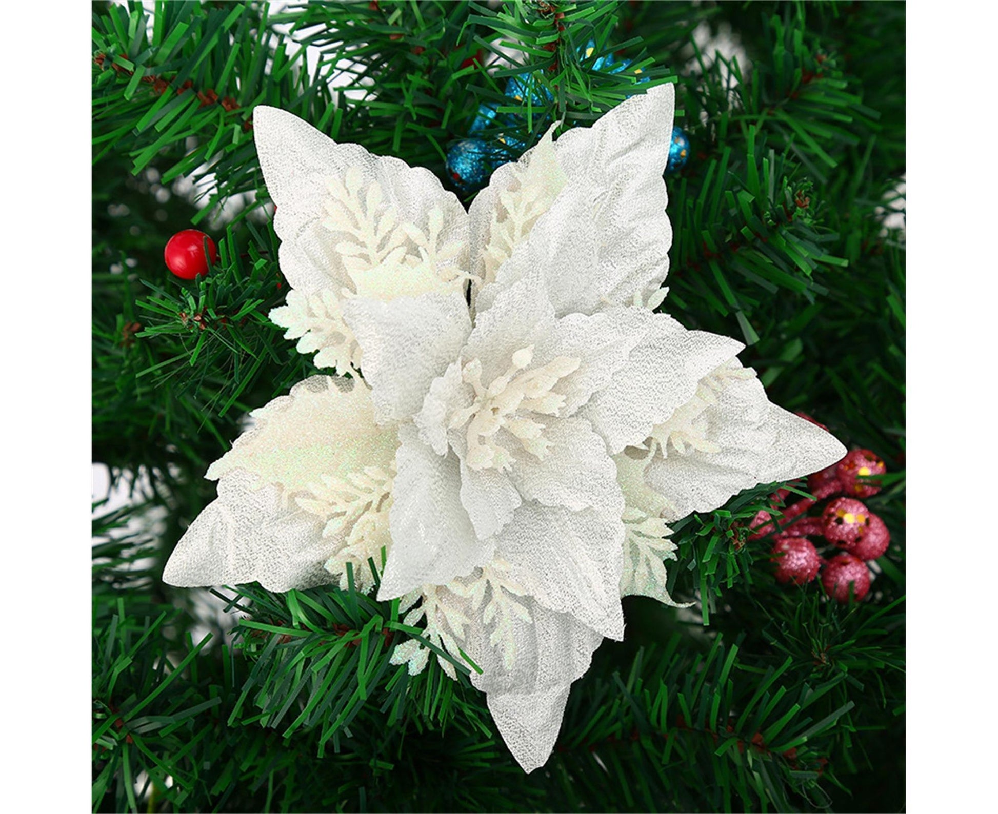5Pcs Artificial Xmas Flower Leaves-Silver White V1263-JX-802