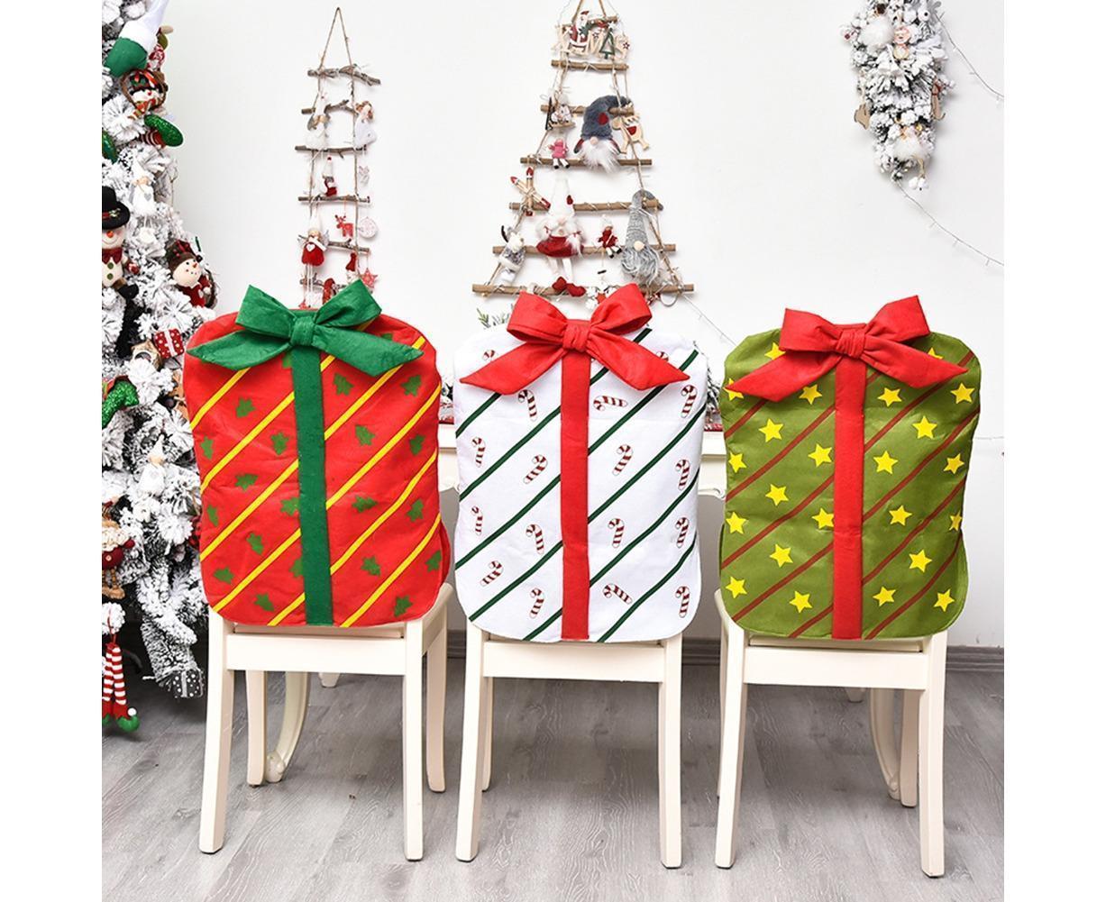 Gift Package Shape Chair Protective Cover Christmas Home Restaurant Decoration-White V1263-JX-807