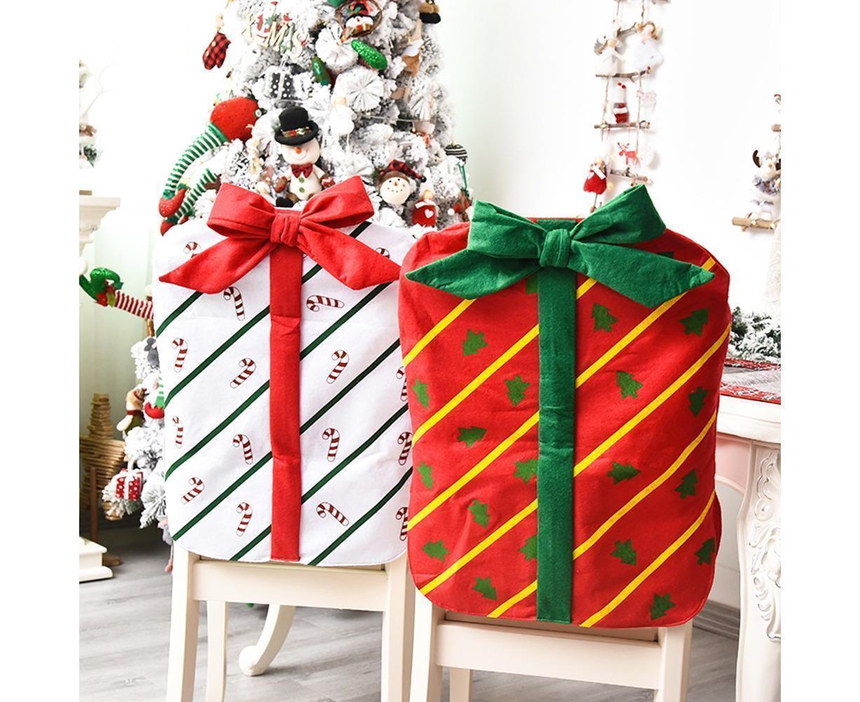 Gift Package Shape Chair Protective Cover Christmas Home Restaurant Decoration-White V1263-JX-807