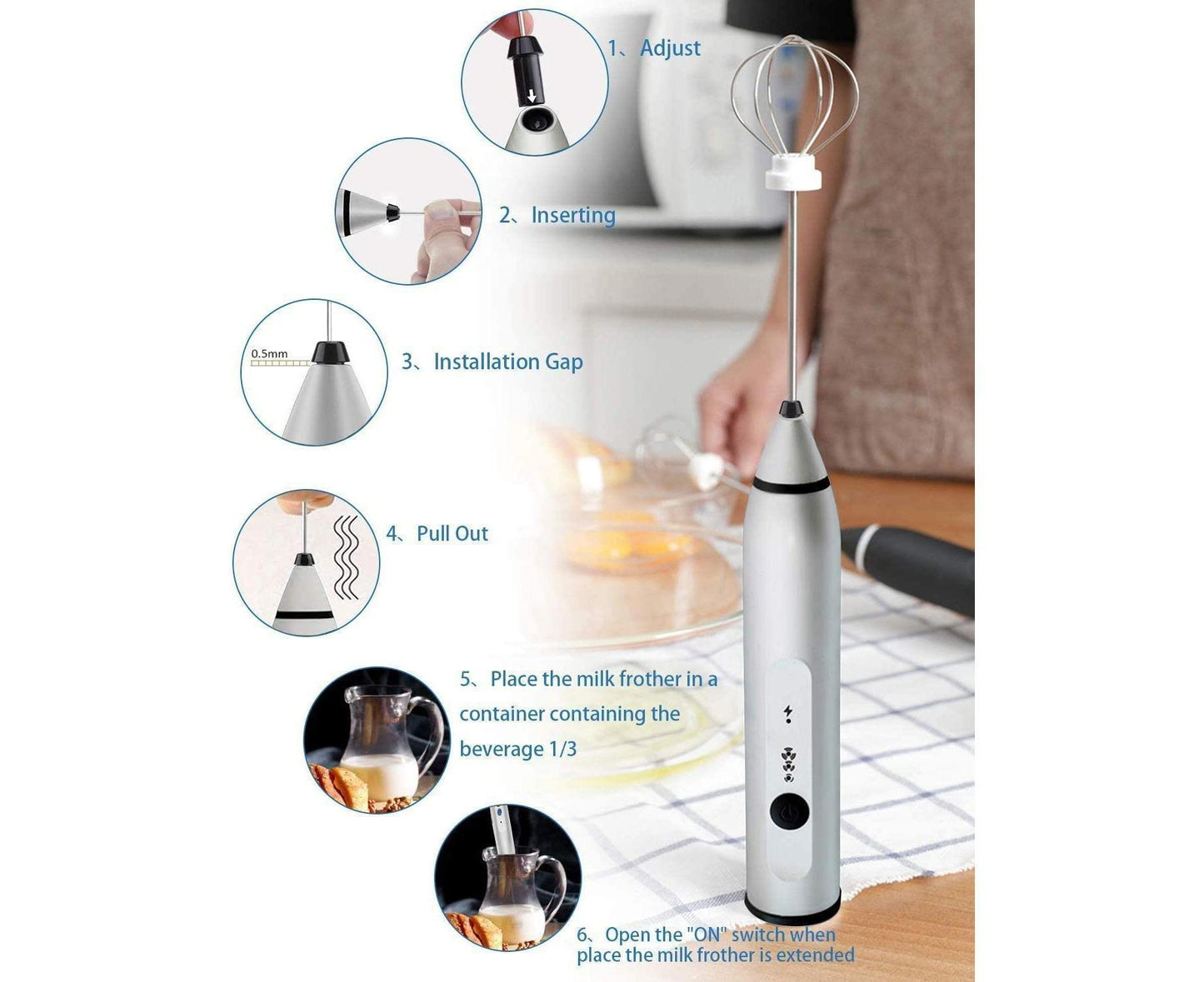 Milk Frother - Handheld Rechargeable - Stainless Whisks V1263-JX-893