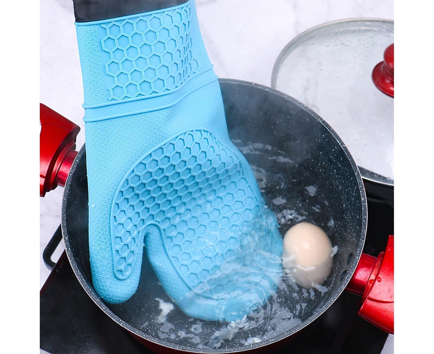 1Pc Waterproof Heat Resistant Silicone Mitt Triple Layer Hot Pads Oven Glove for Kitchen-Blue V1263-JX-900