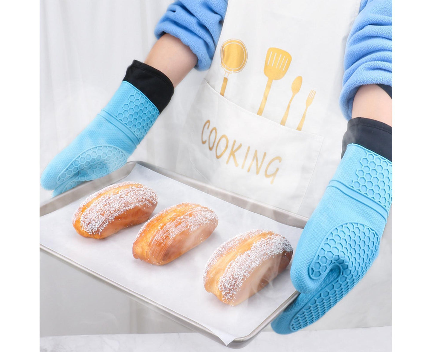 1Pc Waterproof Heat Resistant Silicone Mitt Triple Layer Hot Pads Oven Glove for Kitchen-Blue V1263-JX-900