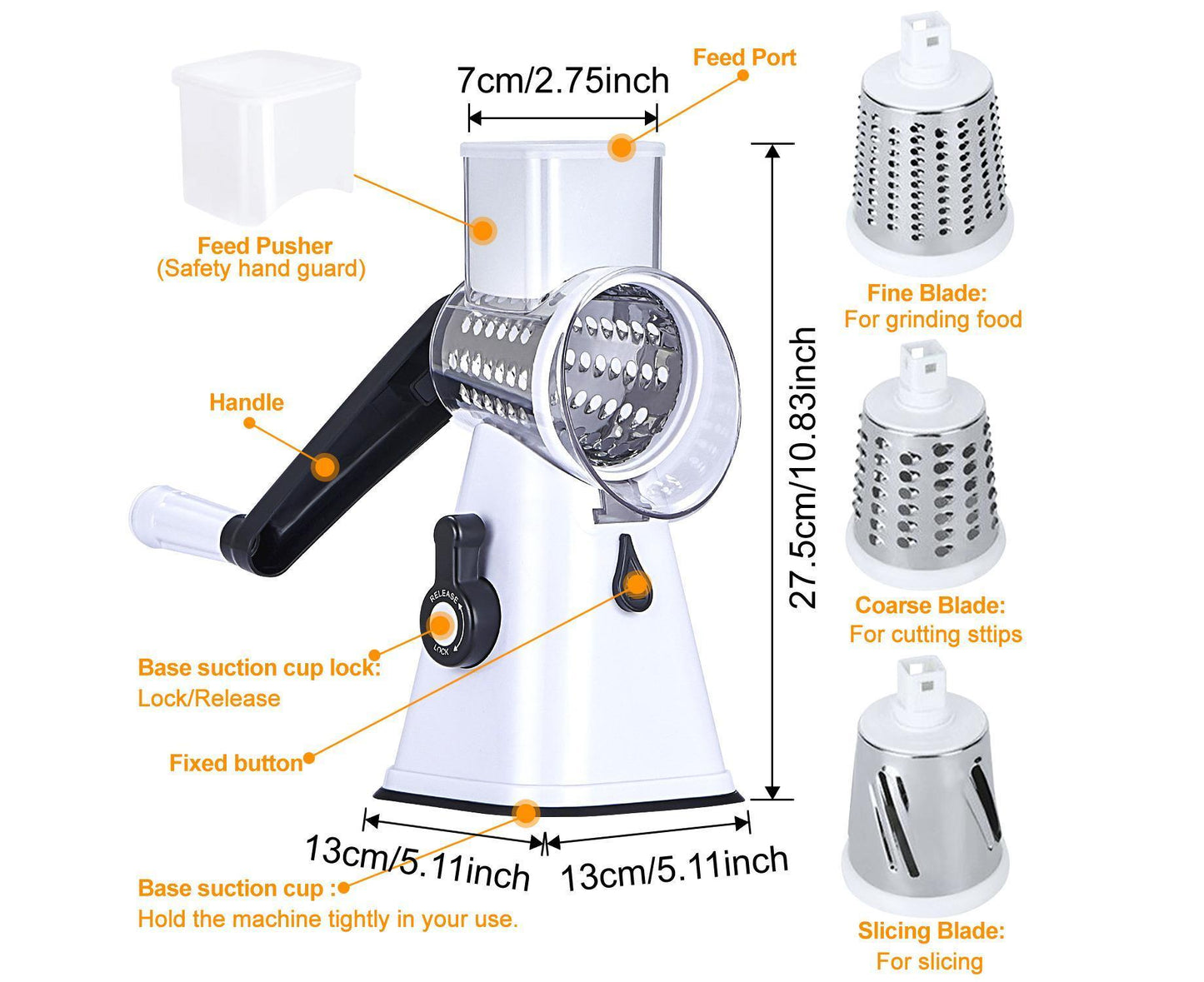 Kitchen Multifunction Vegetable Food Slicer Manual Rotary Drum Grater Chopper WHITE V1263-JX-965