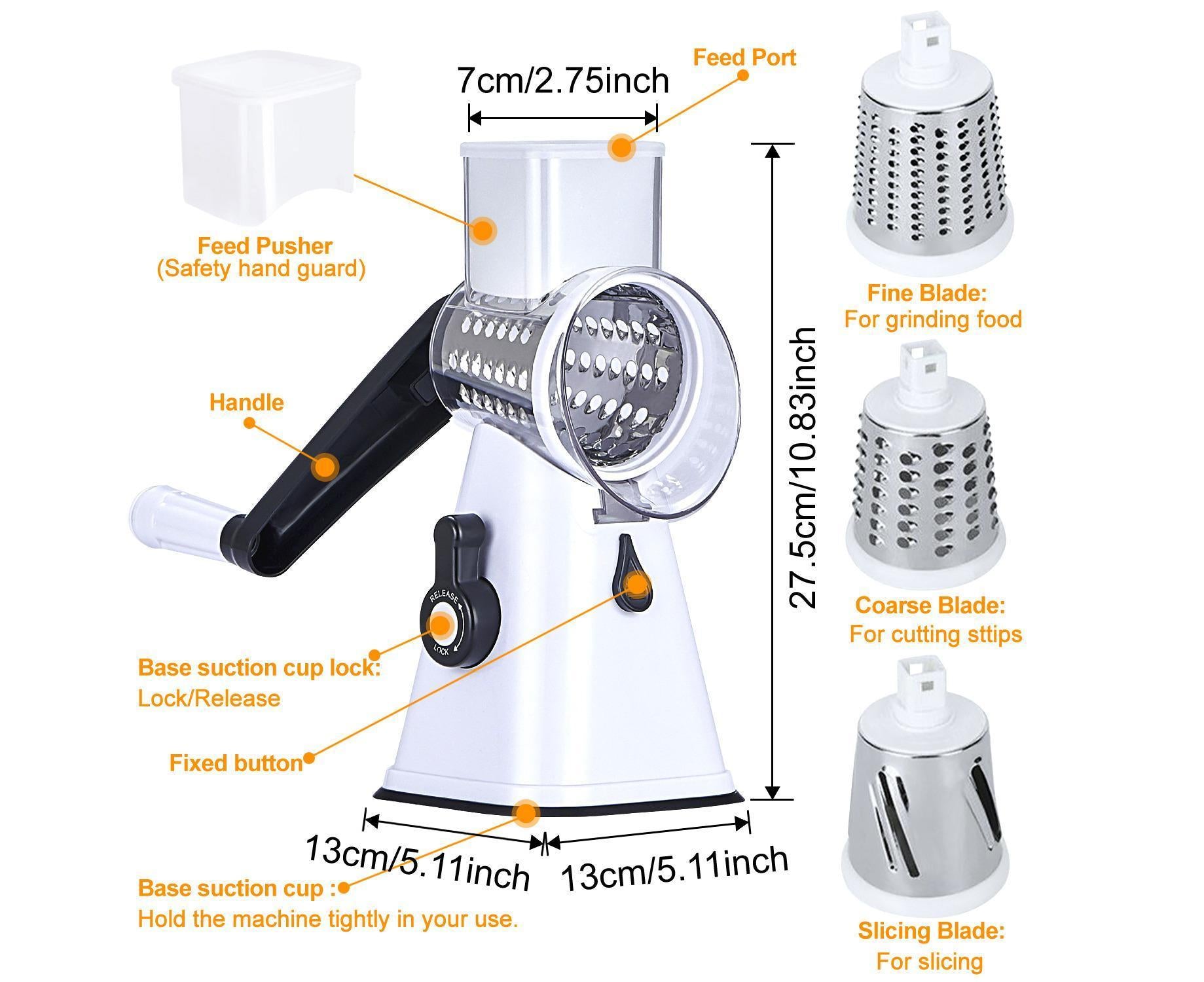Kitchen Multifunction Vegetable Food Slicer Manual Rotary Drum Grater Chopper WHITE V1263-JX-965