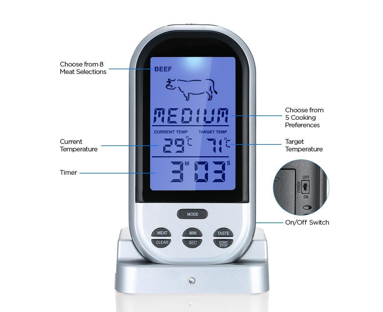 Wireless Meat Thermometer with Probe LCD Display Grey V1263-JX-972