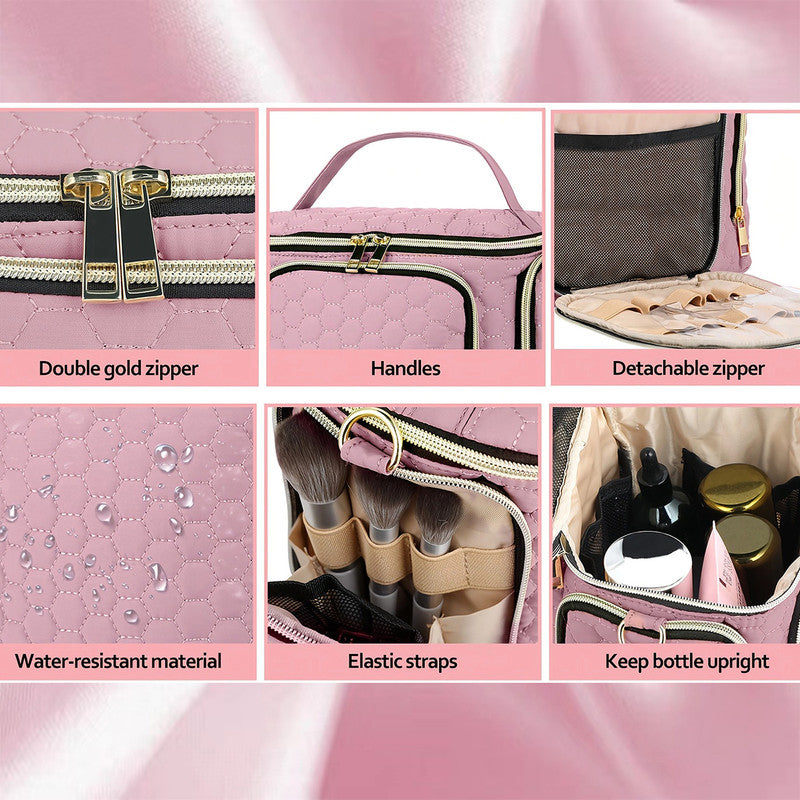 Travel Makeup Bag with Handle - Large Multi-Compartment Cosmetic Organizer, Portable Toiletry Bag for Women V1265-261-PINK1