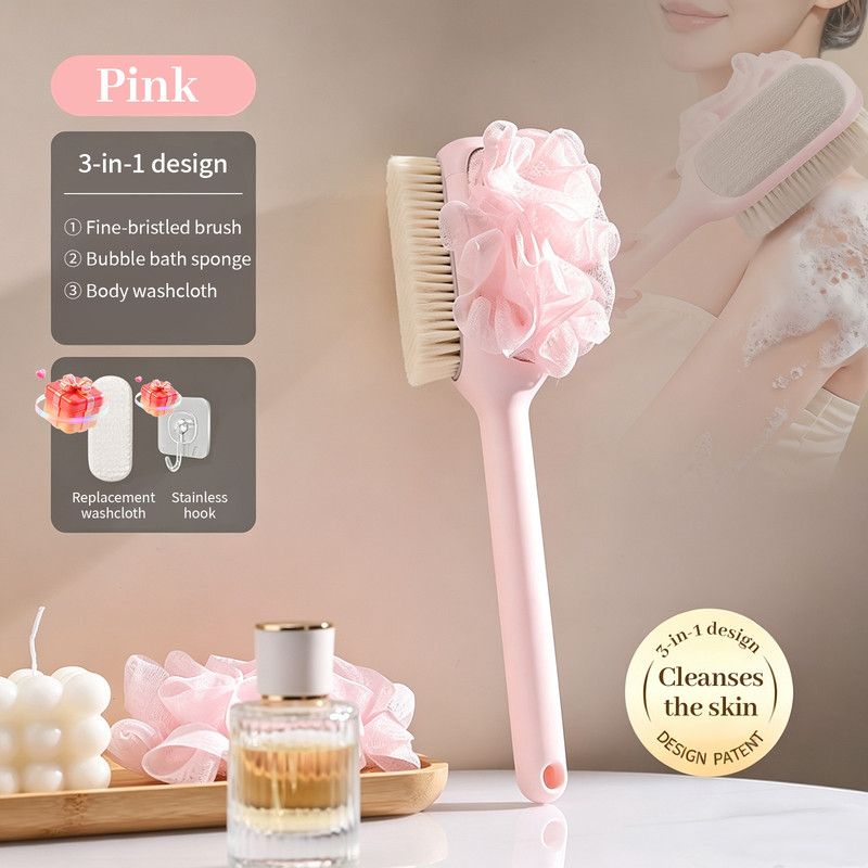 3-in-1 Multi-Functional Long-Handled Body Scrub Brush, Combining Bath Sponge + Soft-Bristle Brush + Washcloth V1265-AU-011-FEN