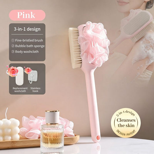 3-in-1 Multi-Functional Long-Handled Body Scrub Brush, Combining Bath Sponge + Soft-Bristle Brush + Washcloth V1265-AU-011-FEN