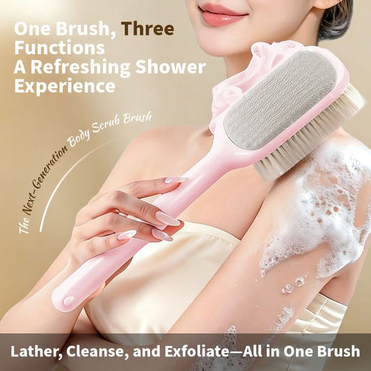 3-in-1 Multi-Functional Long-Handled Body Scrub Brush, Combining Bath Sponge + Soft-Bristle Brush + Washcloth V1265-AU-011-FEN