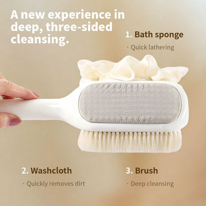 3-in-1 Multi-Functional Long-Handled Body Scrub Brush, Combining Bath Sponge + Soft-Bristle Brush + Washcloth V1265-AU-011-FEN
