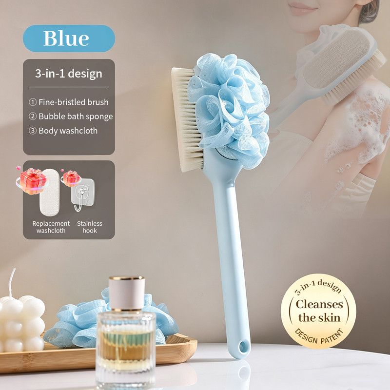 3-in-1 Multi-Functional Long-Handled Bath Brush, Combining Bath Sponge, Soft-Bristle Brush, and Washcloth in V1265-AU-011-LAN
