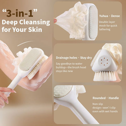3-in-1 Multi-Functional Long-Handled Bath Brush, Combining Bath Sponge, Soft-Bristle Brush, and Washcloth in V1265-AU-011-LAN