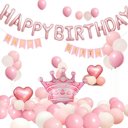 Birthday Party Decor Set: "HAPPY BIRTHDAY" Balloons + Bunting + Crown Set, Birthday Party Decor - Pink Set V1265-AU-017-FEN