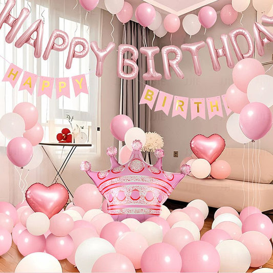 Birthday Party Decor Set: "HAPPY BIRTHDAY" Balloons + Bunting + Crown Set, Birthday Party Decor - Pink Set V1265-AU-017-FEN