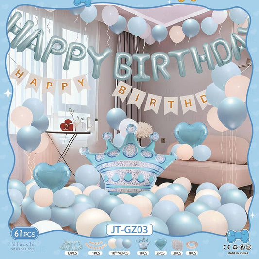 Birthday Party Decor Set: "HAPPY BIRTHDAY" Balloons + Bunting + Crown Set, Birthday Party Decor - Blue Set V1265-AU-017-LAN