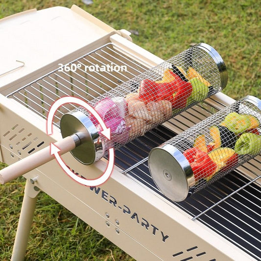 Food-grade stainless steel rotisserie skewer, 360 degrees rotatable, with heat-resistant wooden V1265-AU-036-XIAO
