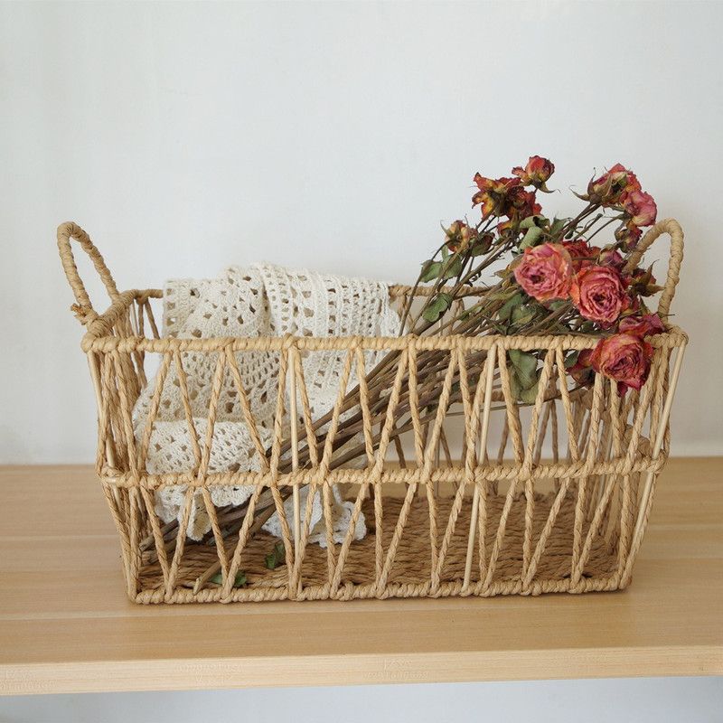 Handwoven paper rope storage basket with a rectangular design and two handles; perfect for organizing desk V1265-AU-042-XIAO