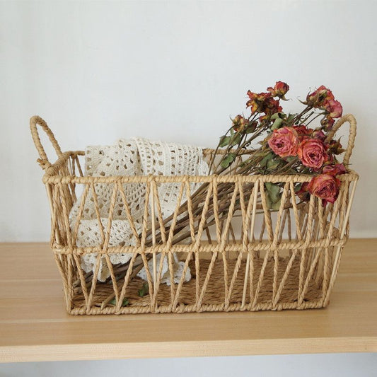 Handwoven paper rope storage basket with a rectangular design and two handles; perfect for organizing desk V1265-AU-042-XIAO