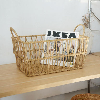 Handwoven paper rope storage basket with a rectangular design and two handles; perfect for organizing desk V1265-AU-042-XIAO