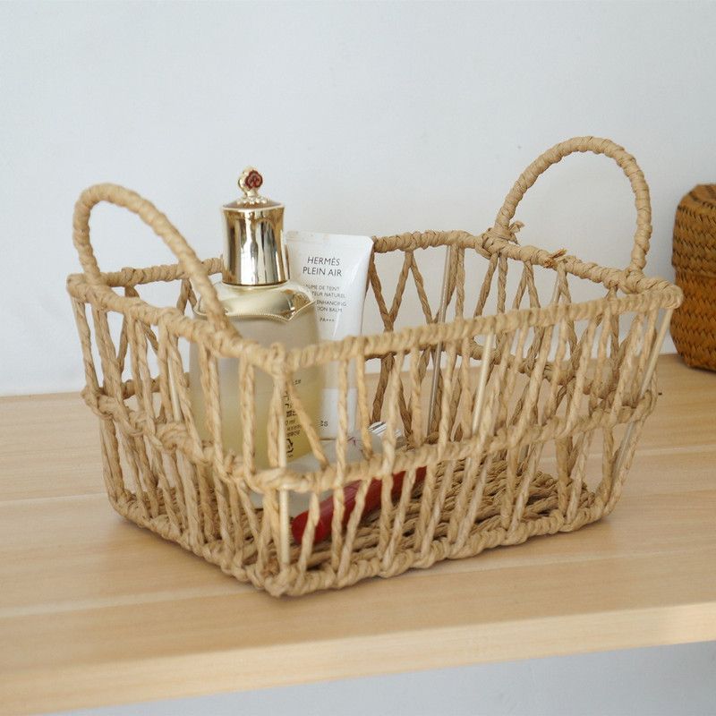 Handwoven paper rope storage basket with a rectangular design and two handles; perfect for organizing desk V1265-AU-042-XIAO