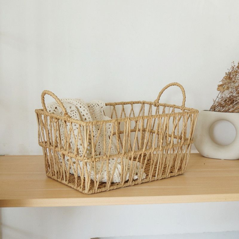 Handwoven paper rope storage basket with a rectangular design and two handles; perfect for organizing desk V1265-AU-042-XIAO