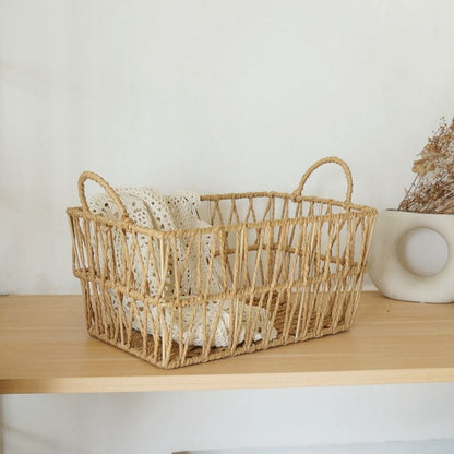 Handwoven paper rope storage basket with a rectangular design and two handles; perfect for organizing desk V1265-AU-042-XIAO