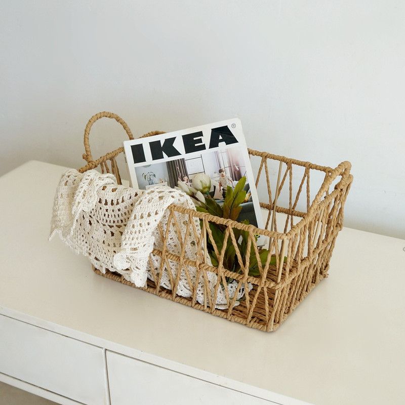 Handwoven paper rope storage basket with a rectangular design and two handles; perfect for organizing desk V1265-AU-042-XIAO