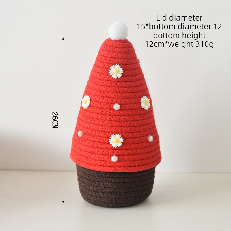 Christmas-themed cotton yarn woven storage basket, Christmas tree-shaped desktop storage box with lid, V1265-AU-043-HONG