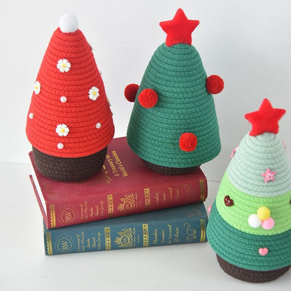 Christmas-themed cotton yarn woven storage basket, Christmas tree-shaped desktop storage box with lid, V1265-AU-043-HONG