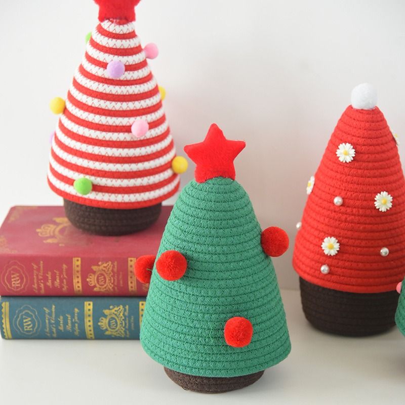 Christmas-themed cotton yarn woven storage basket, Christmas tree-shaped desktop storage box with lid, V1265-AU-043-HONG
