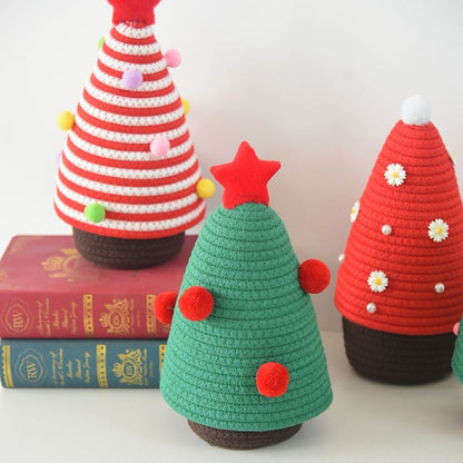 Christmas-themed cotton yarn woven storage basket, Christmas tree-shaped desktop storage box with lid, V1265-AU-043-HONG