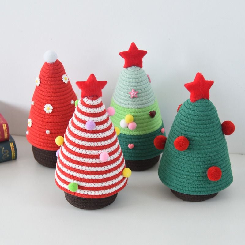 Christmas-themed cotton yarn woven storage basket, Christmas tree-shaped desktop storage box with lid, V1265-AU-043-HONGBAI