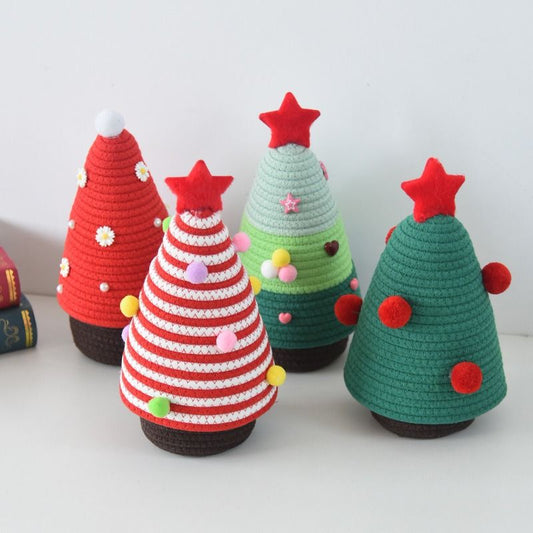 Christmas-themed cotton yarn woven storage basket, Christmas tree-shaped desktop storage box with lid, V1265-AU-043-HONGBAI